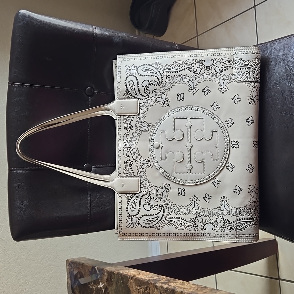 Tory Burch Cream Tote with Intricate Design